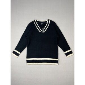 Boohoo Deep V Knitted Cricket Jumper Womens S Black White Oversized Sweater